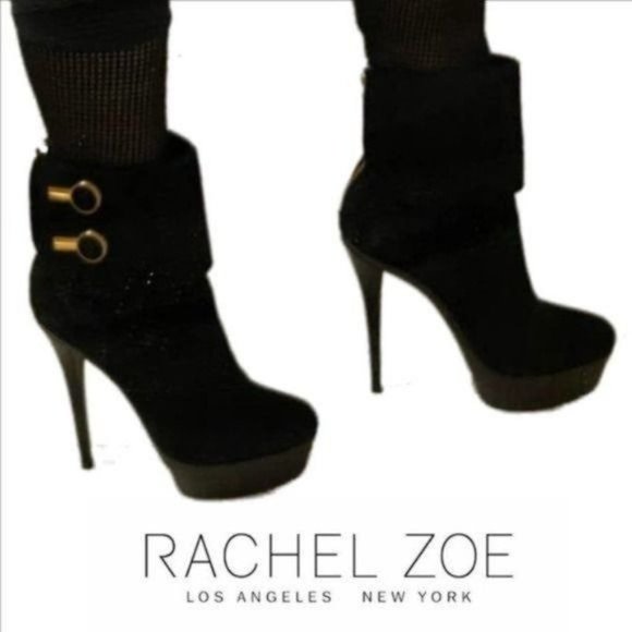 RACHEL ZOE Cuffed Black Suede Platform 6" Stiletto Heel Ankle Boots - Picture 4 of 5